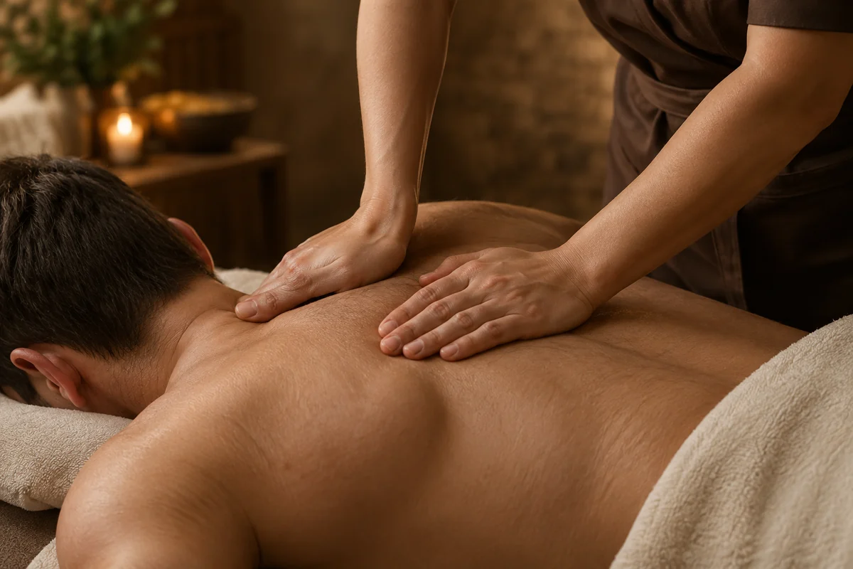 Illustrative close-up of controlled massage pressure near a guest's shoulder blade