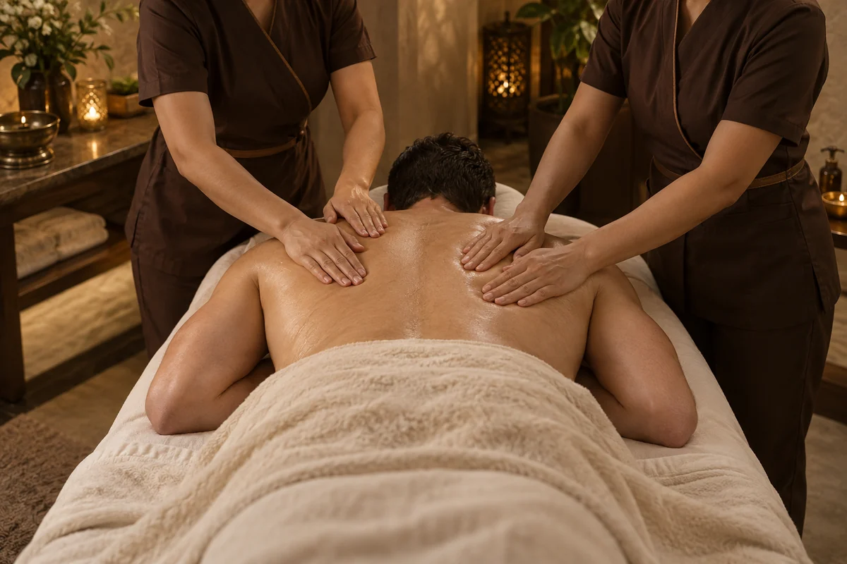 Illustrative four hands massage with two therapists working together on one guest