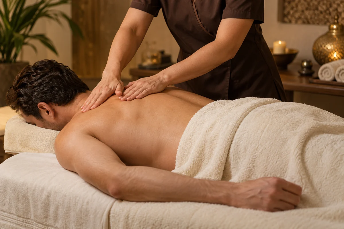 Illustrative full body massage scene with a therapist working across a guest's upper back