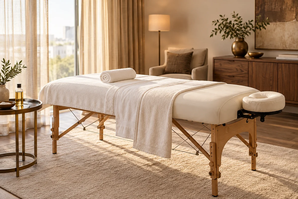 Portable massage table with cream linens in an illustrative home service setting
