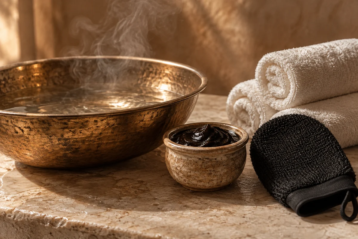 Moroccan bath black soap, kessa exfoliating mitt and brass bowl beside cream towels