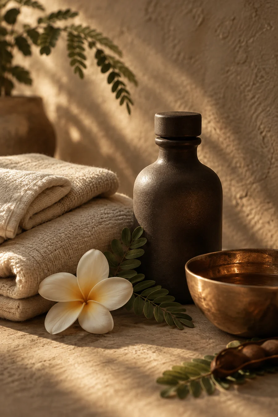 Warm towels, a ceramic bowl and massage oil in soft natural light