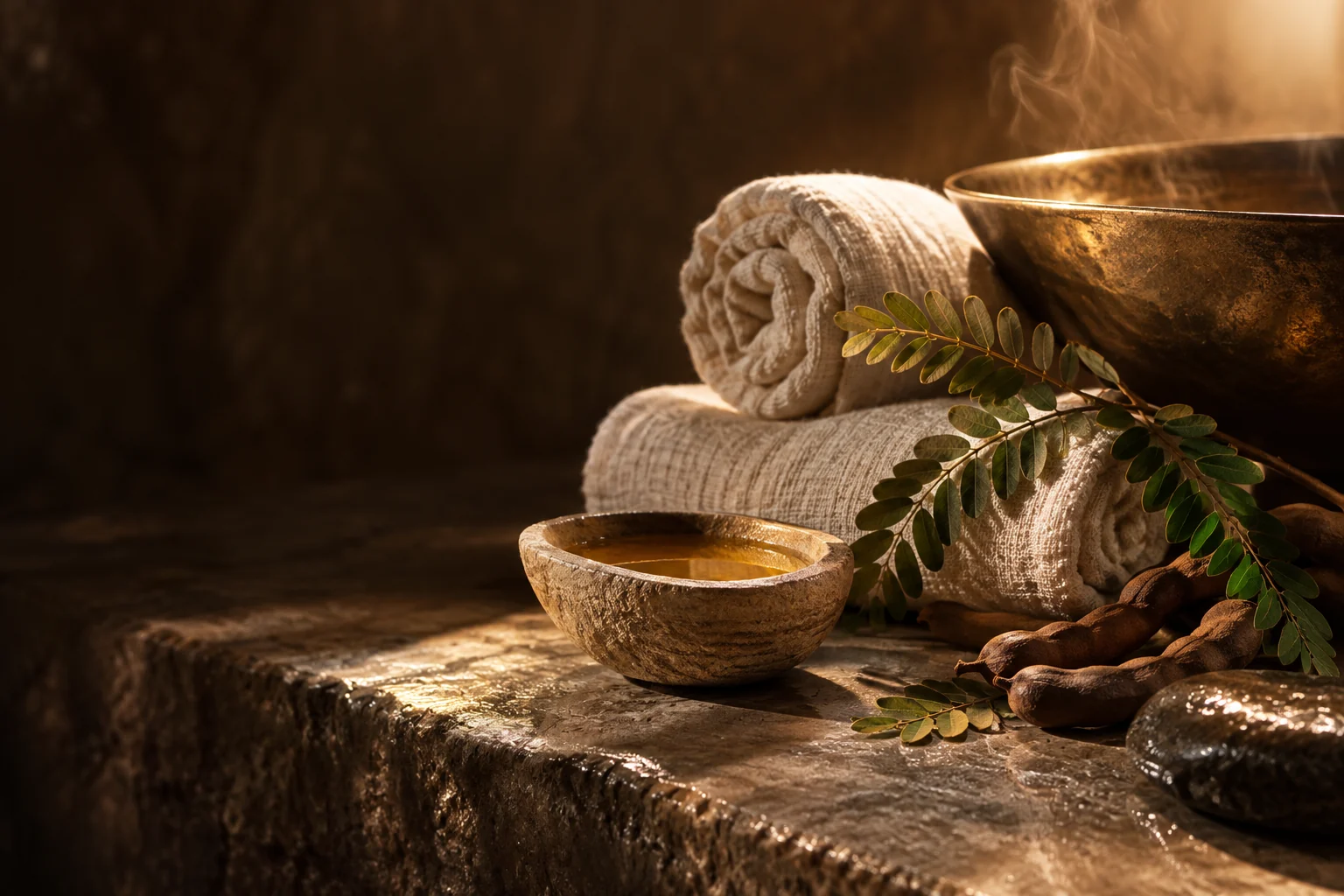 Warm spa atmosphere with folded towels, a bronze bowl and soft natural light
